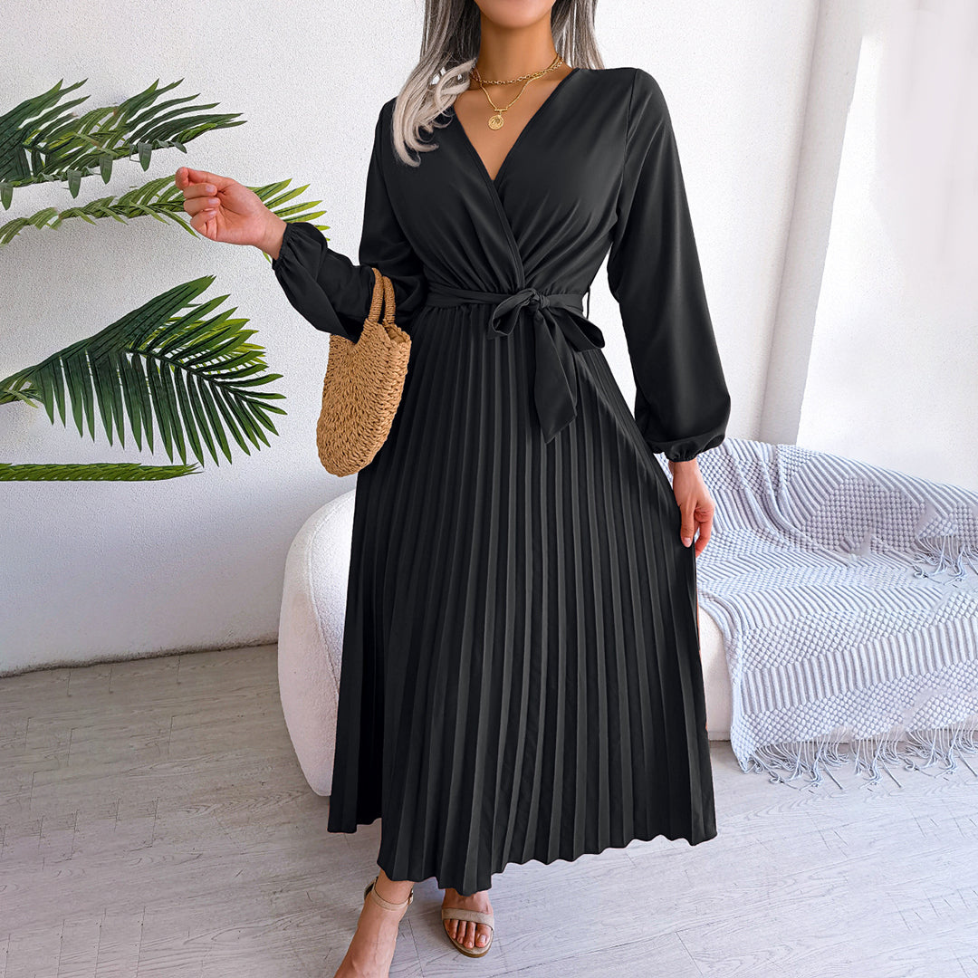 Abendkleid Damen | Lange Ärmel Midi Mit Bindegürtel