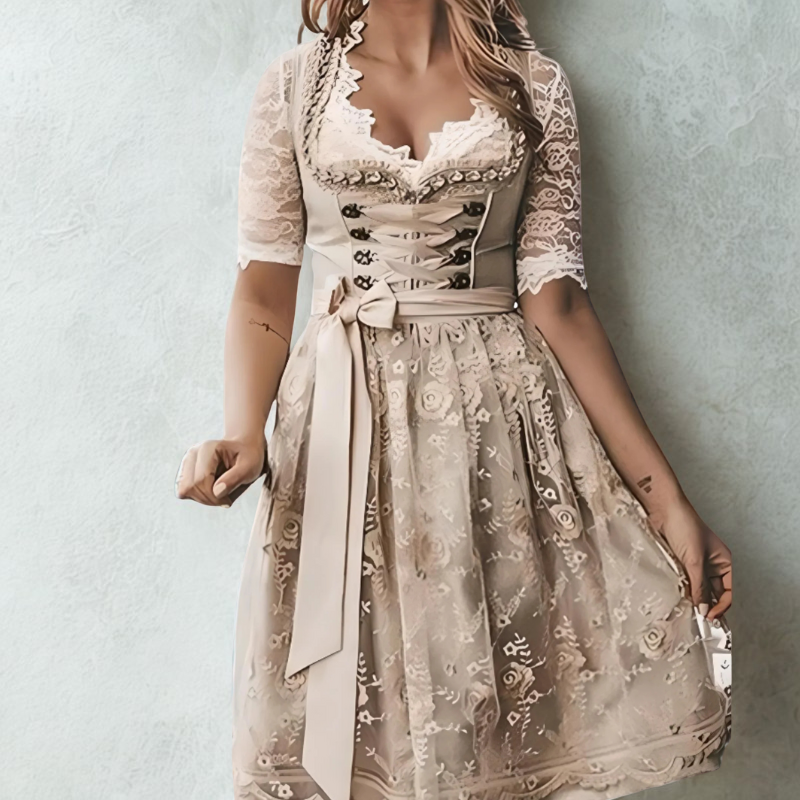 Damen Traditionelles Dirndl Kleid | Mit Gebundenem Band
