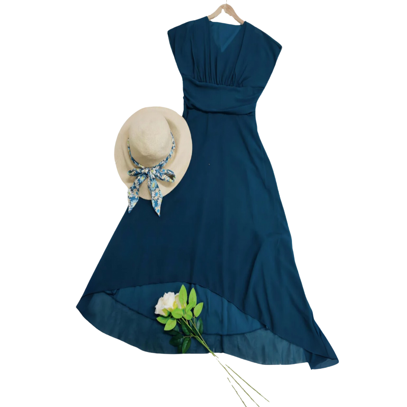 Abendkleid Damen | Midi mit V-Ausschnitt und Kurzen Ärmeln