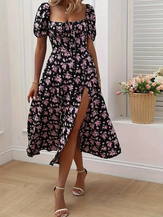 Ava – a-linien-kleid Mit Blumendruck Und Puffärmeln Für Frühling Und Sommer