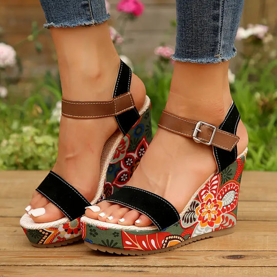 Wedge-sandalen Mit Blumenmuster Für Frauen