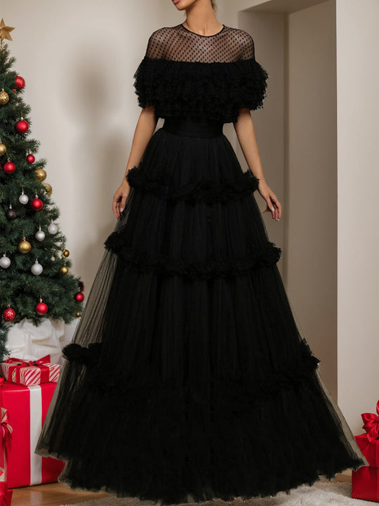 Damen Ballkleid mit Rundhalsausschnitt und Stufenrock | Maxi