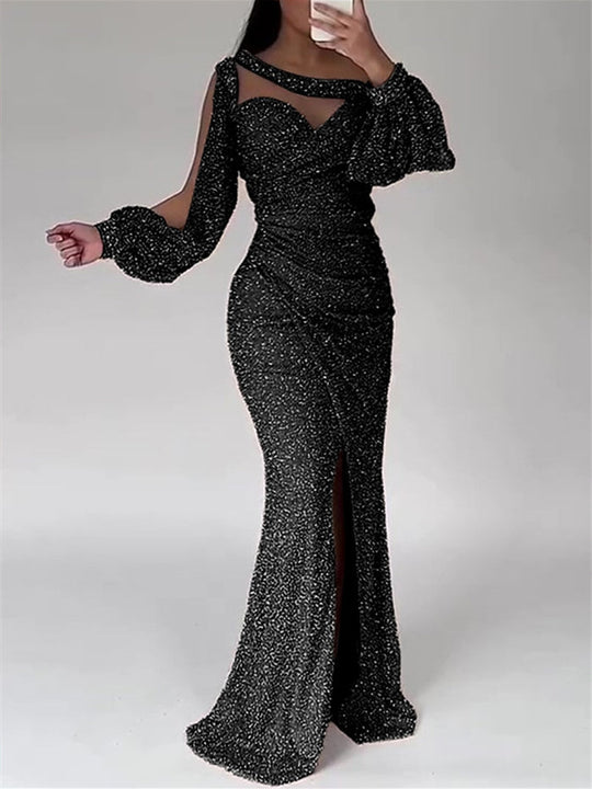 Damen Abendkleid | Langärmliges Meerjungfrau Maxikleid mit Schlitz