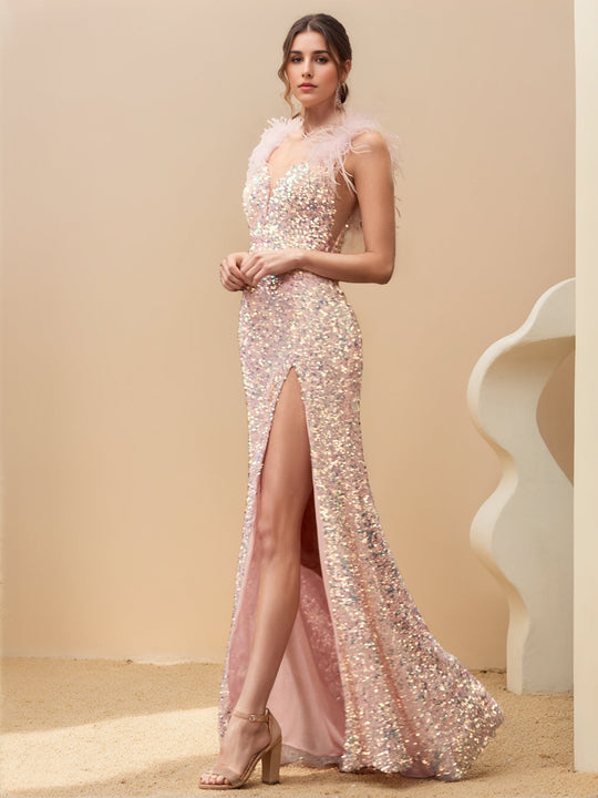 Damen Pailletten Abendkleid | Ärmelloses Maxikleid mit V-Ausschnitt und Schlitz