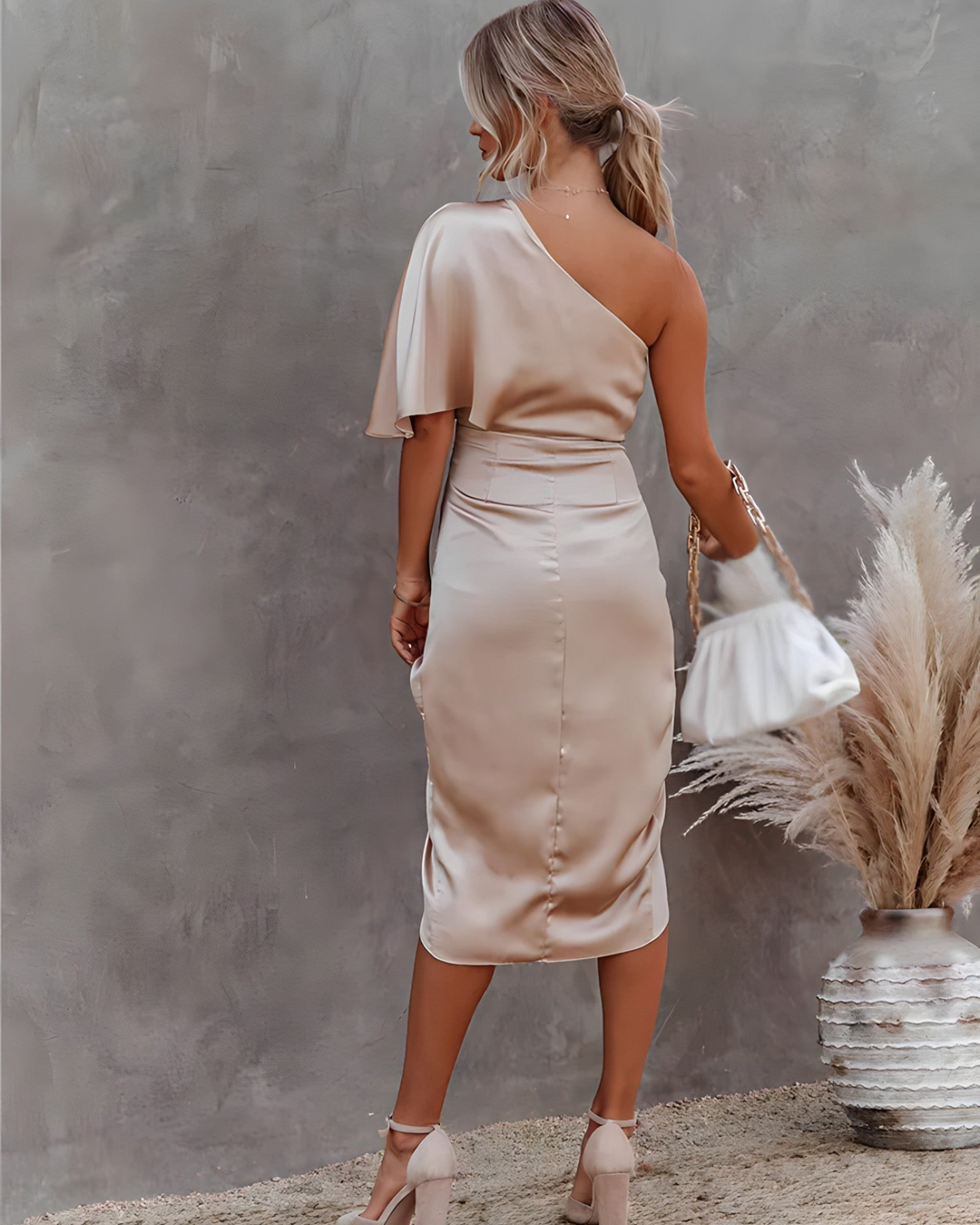 Abendkleid Damen | Midi mit One-Shoulder und Drapierung