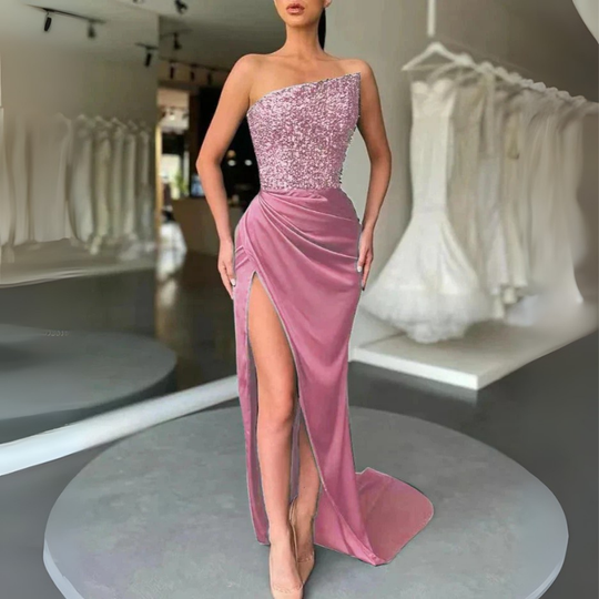 Damen Asymmetrisches Paillettenkleid Mit Hohem Schlitz | Elegant