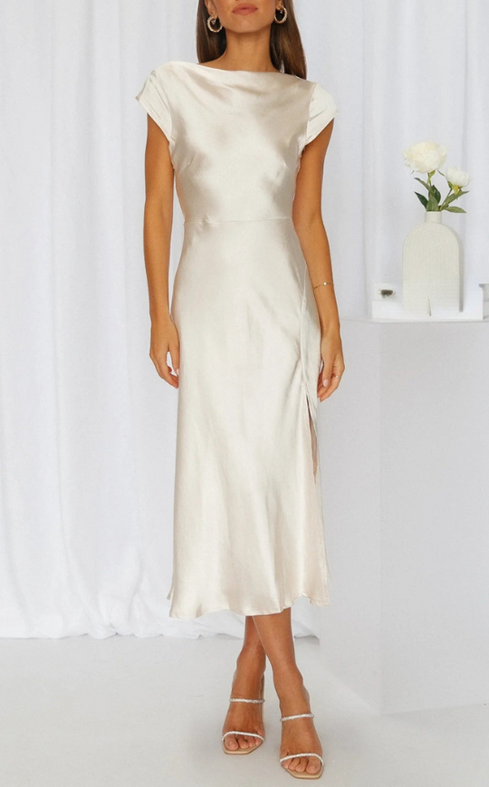 Damen Abendkleid mit Rundhalsausschnitt und Cap Sleeves | Midi
