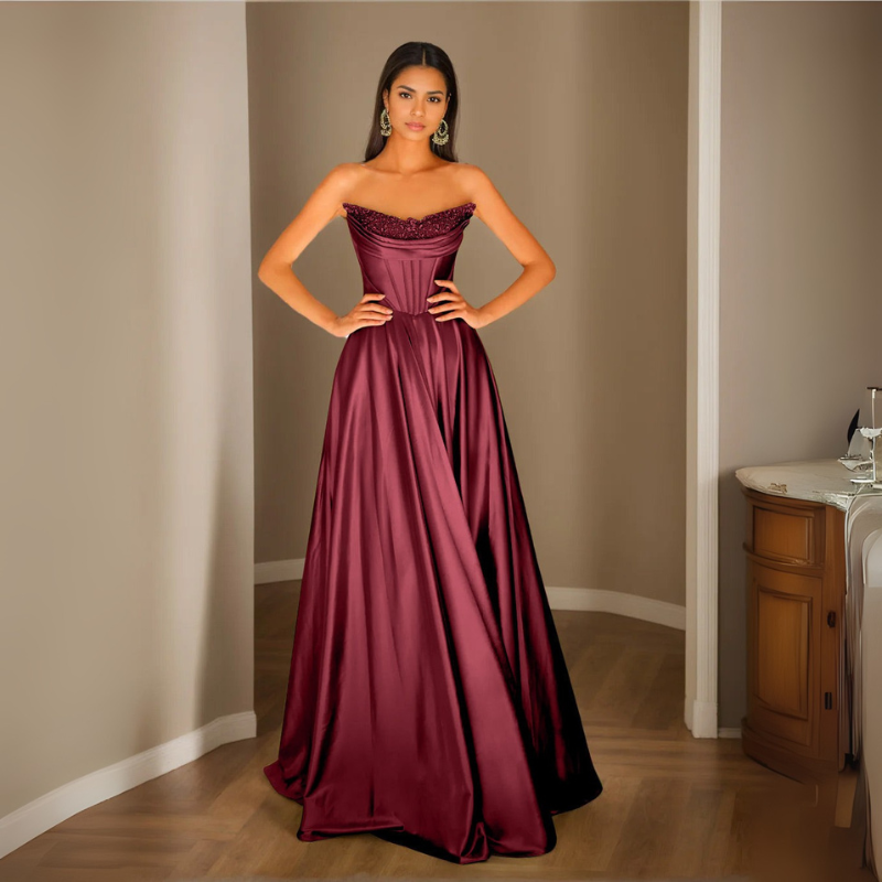 Damen Pailletten Abendkleid | Trägerloses Plissee Maxikleid