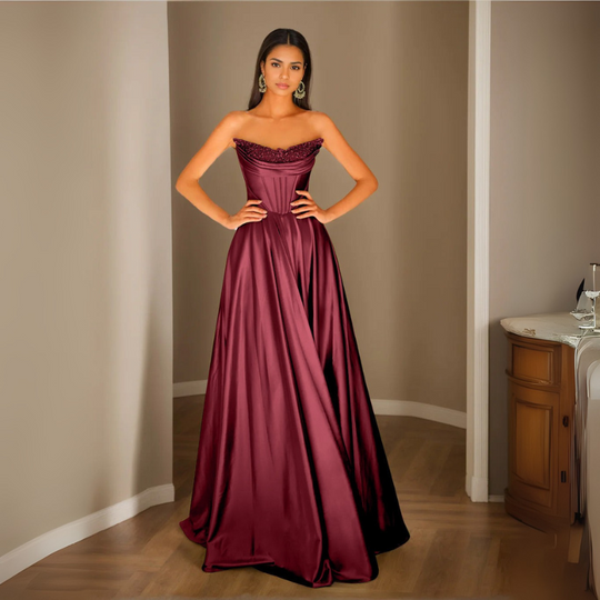 Damen Pailletten Abendkleid | Trägerloses Plissee Maxikleid