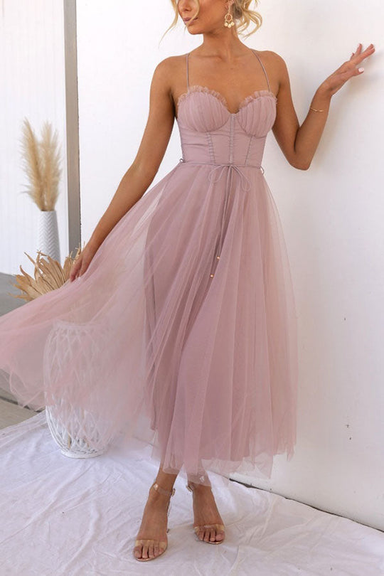 Abendkleid Damen | Midi mit Trägern und Mehrlagigem Rock
