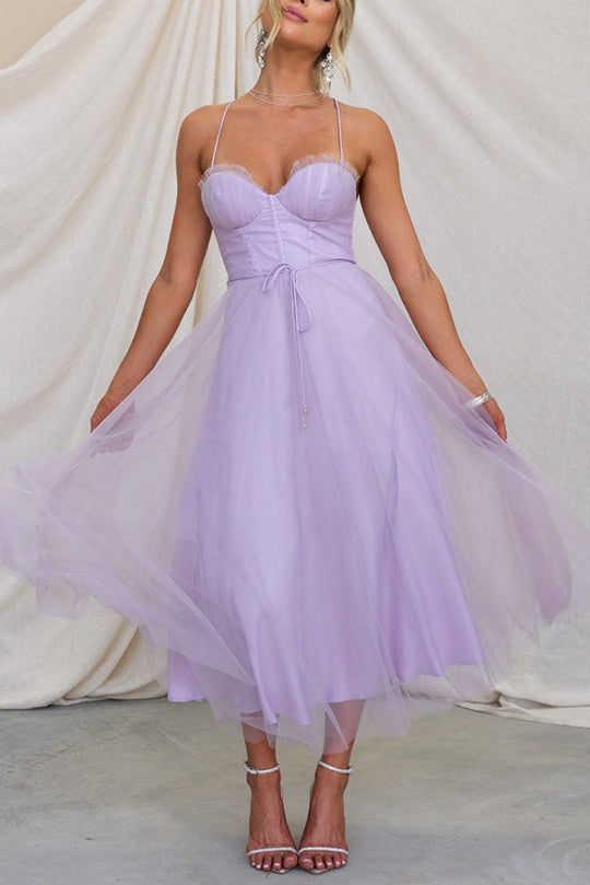 Abendkleid Damen | Midi mit Trägern und Mehrlagigem Rock