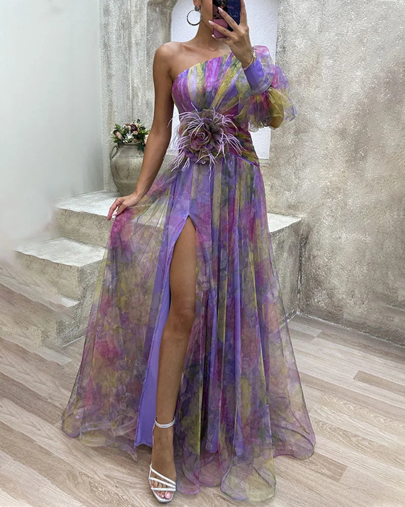 Damen One-Shoulder Abendkleid mit Mehrfarbigem Muster | Maxi
