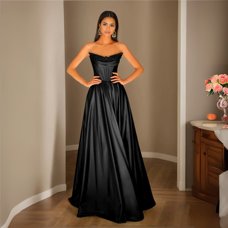 Damen Pailletten Abendkleid | Trägerloses Plissee Maxikleid