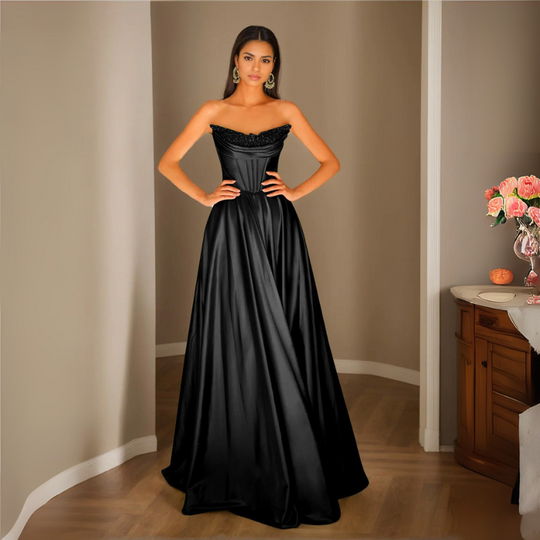 Damen Pailletten Abendkleid | Trägerloses Plissee Maxikleid