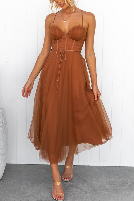 Abendkleid Damen | Midi mit Trägern und Mehrlagigem Rock