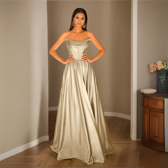 Damen Pailletten Abendkleid | Trägerloses Plissee Maxikleid