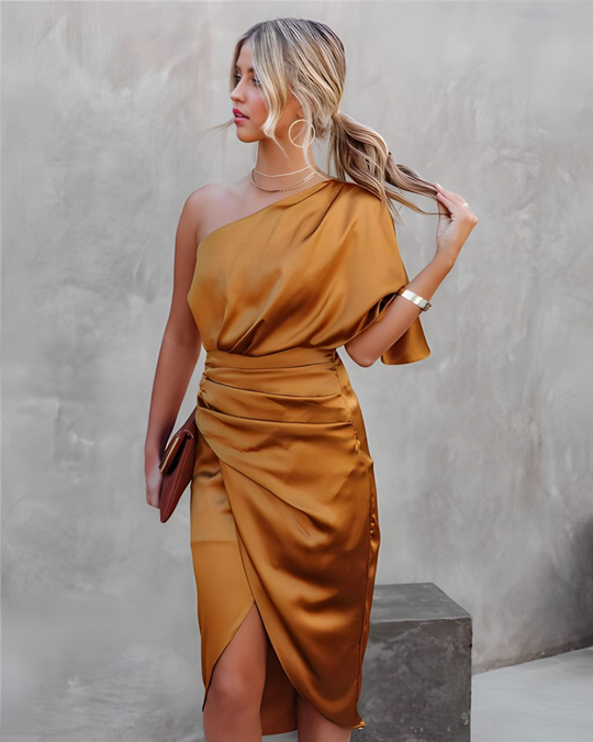Abendkleid Damen | Midi mit One-Shoulder und Drapierung