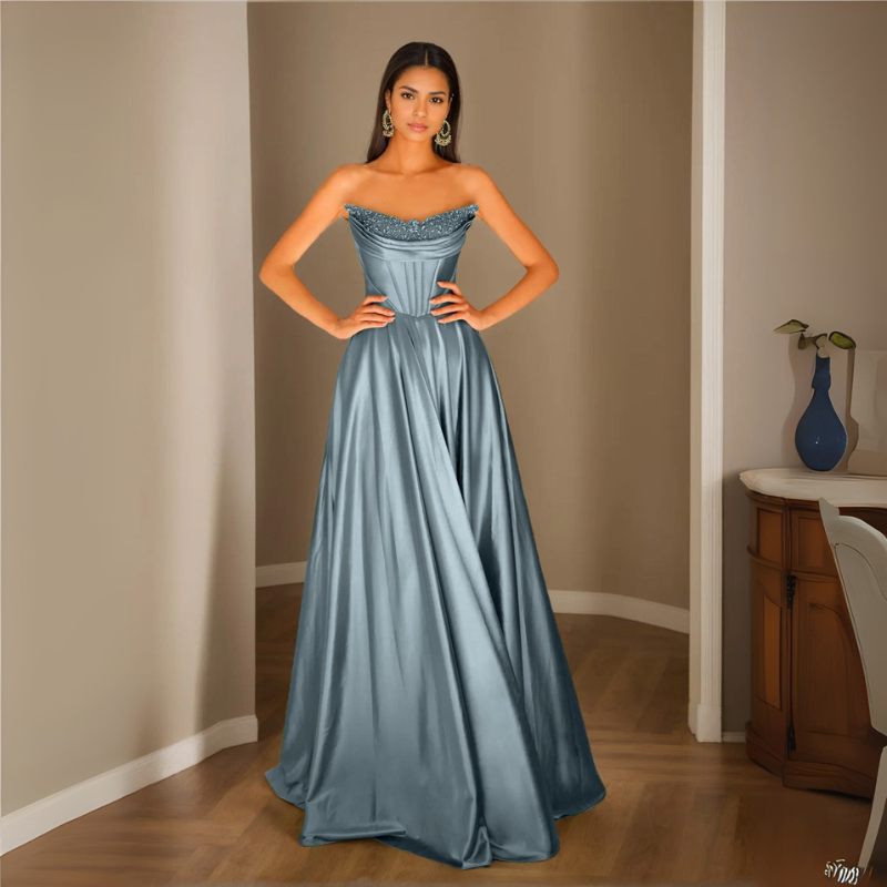 Damen Pailletten Abendkleid | Trägerloses Plissee Maxikleid