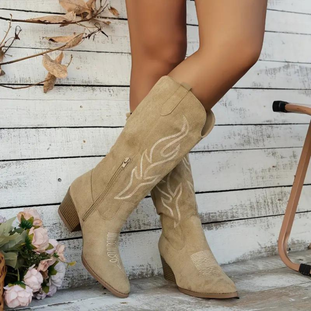 Damen Modische Cowboy Stiefel | Retro Chunky Heel
