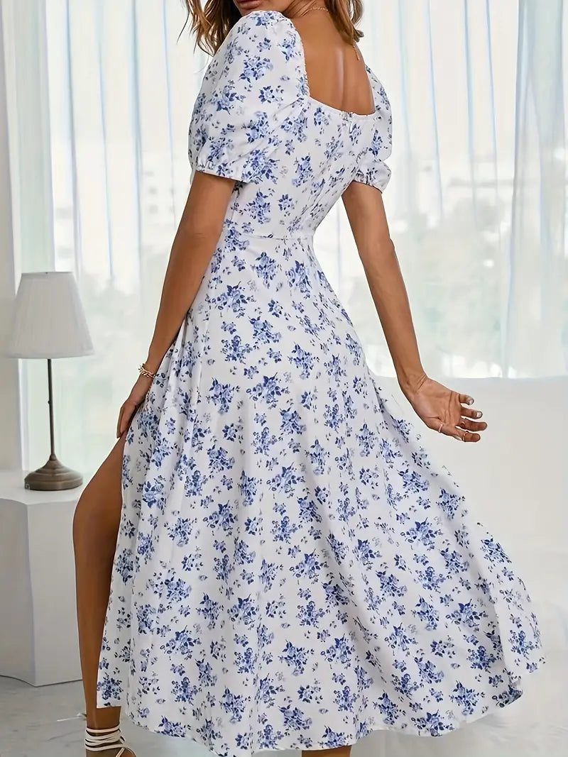 Ava – a-linien-kleid Mit Blumendruck Und Puffärmeln Für Frühling Und Sommer