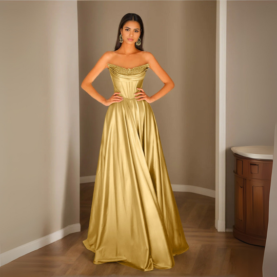 Damen Pailletten Abendkleid | Trägerloses Plissee Maxikleid
