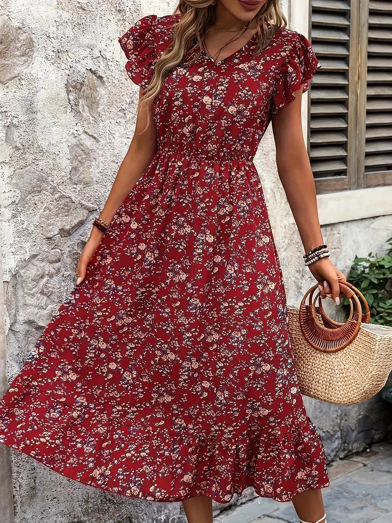 Lily – Florales Kleid Mit V-ausschnitt Und Eleganten Rüschenärmeln