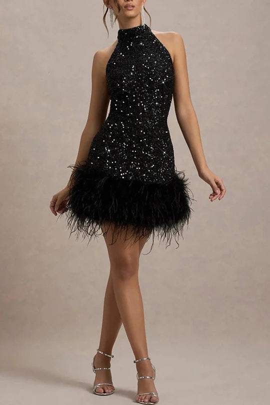 Damen Neckholder Paillettenkleid Mit Federakzenten | Mini