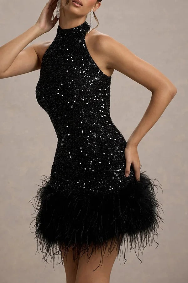 Damen Neckholder Paillettenkleid Mit Federakzenten | Mini