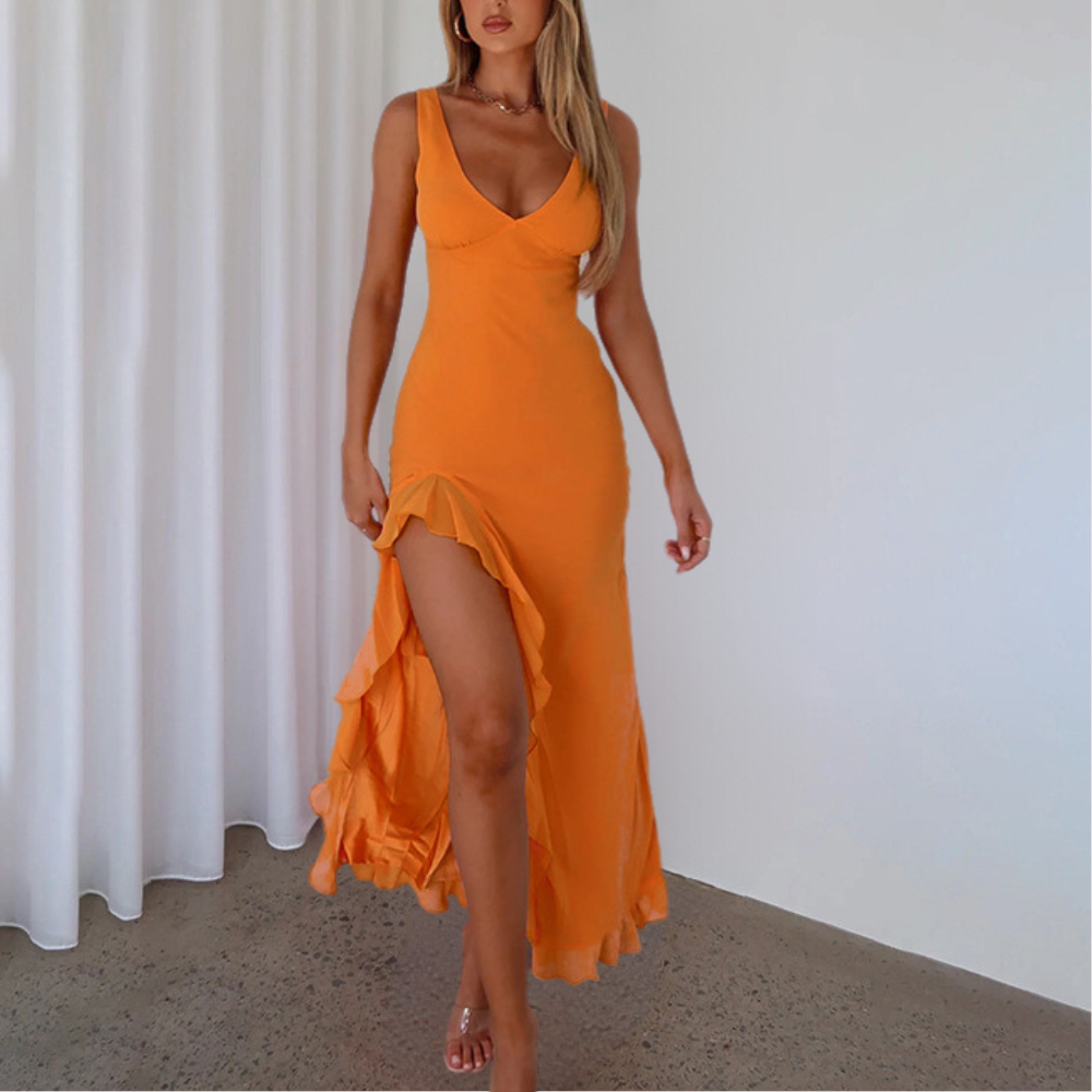 Abendkleid Damen Maxi | Ärmellos mit V-Ausschnitt und Seitenschlitz
