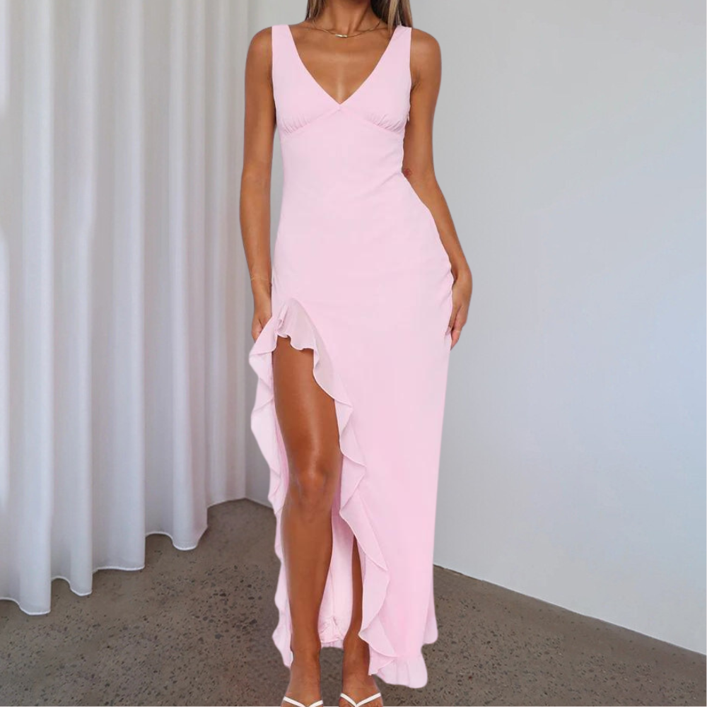Abendkleid Damen Maxi | Ärmellos mit V-Ausschnitt und Seitenschlitz