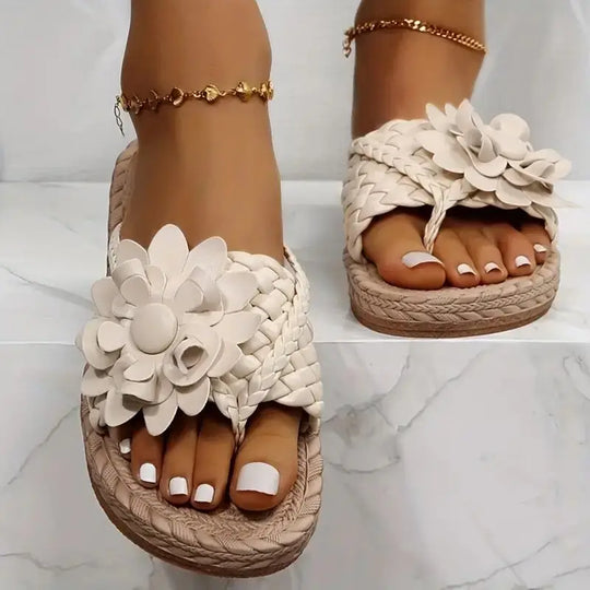 Sophie - Flache Damenpantoffeln Mit Blumenmuster Und Geflochtenem Riemchen