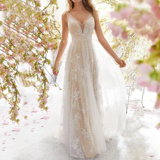 Damen Ballkleid mit V-Ausschnitt und Ärmellos | Maxi