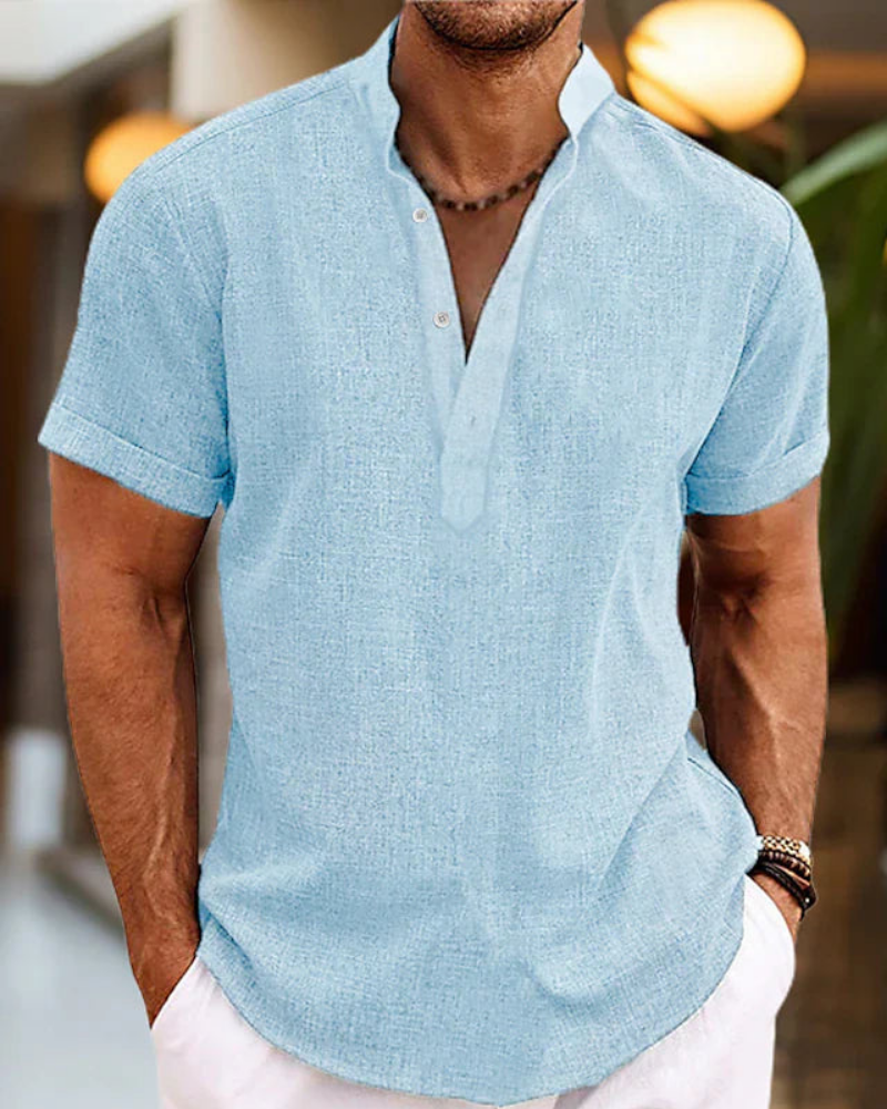 Herren Kurzarmhemd mit Stehkragen | Freizeit Shirt mit halber Knopfleiste
