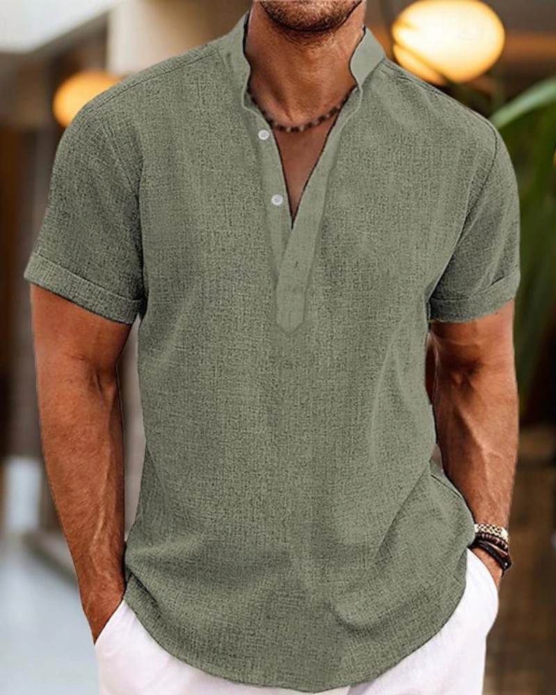 Herren Kurzarmhemd mit Stehkragen | Freizeit Shirt mit halber Knopfleiste