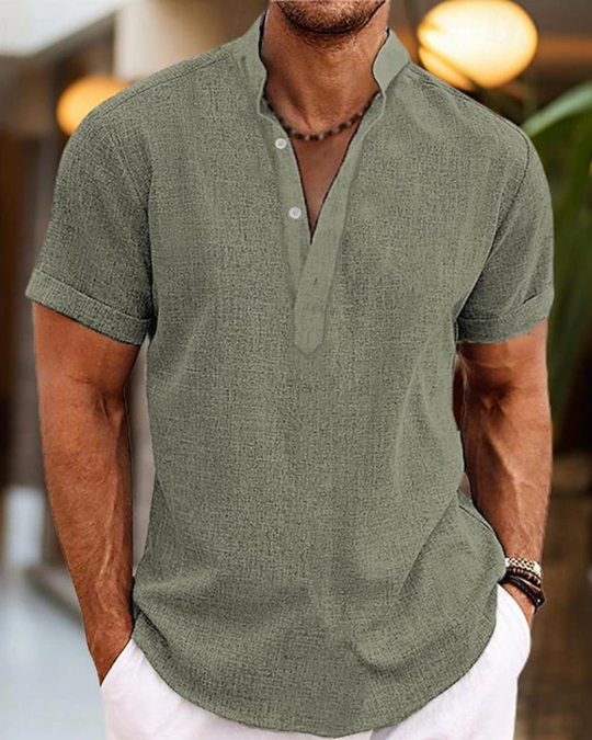 Herren Kurzarmhemd mit Stehkragen | Freizeit Shirt mit halber Knopfleiste
