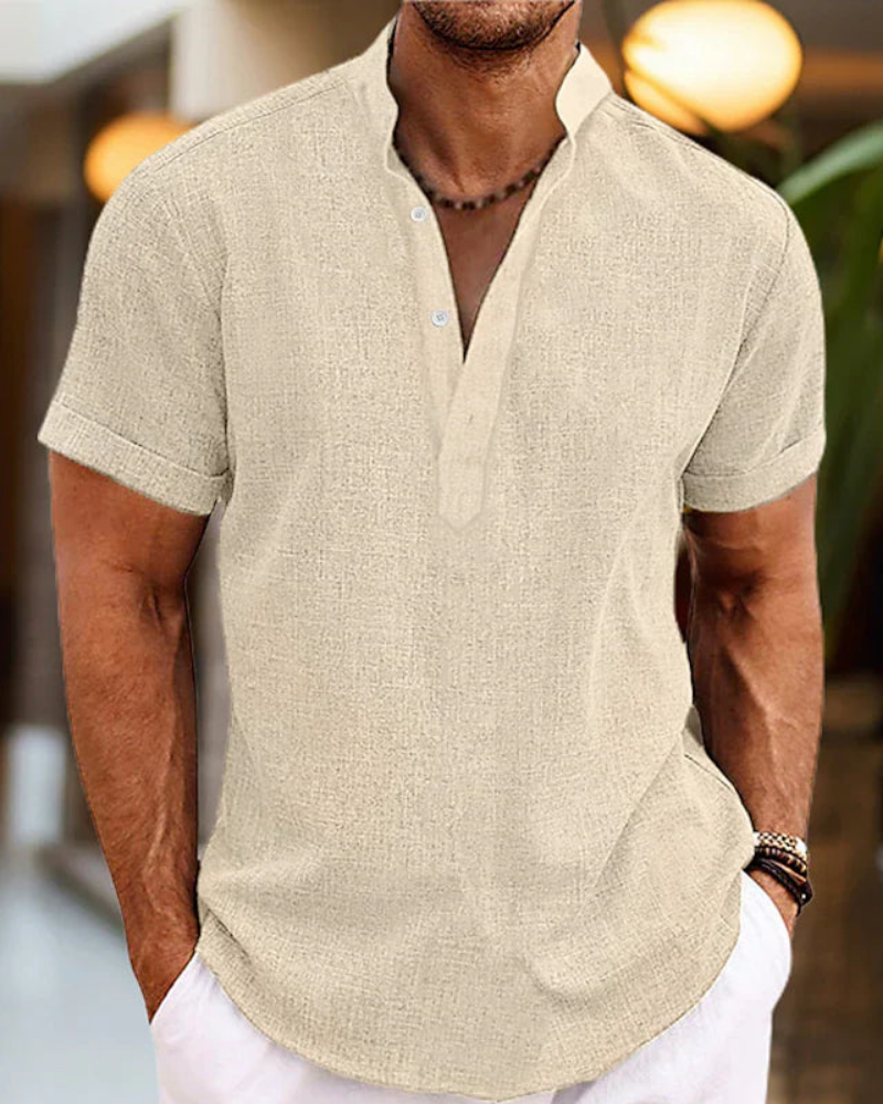 Herren Kurzarmhemd mit Stehkragen | Freizeit Shirt mit halber Knopfleiste