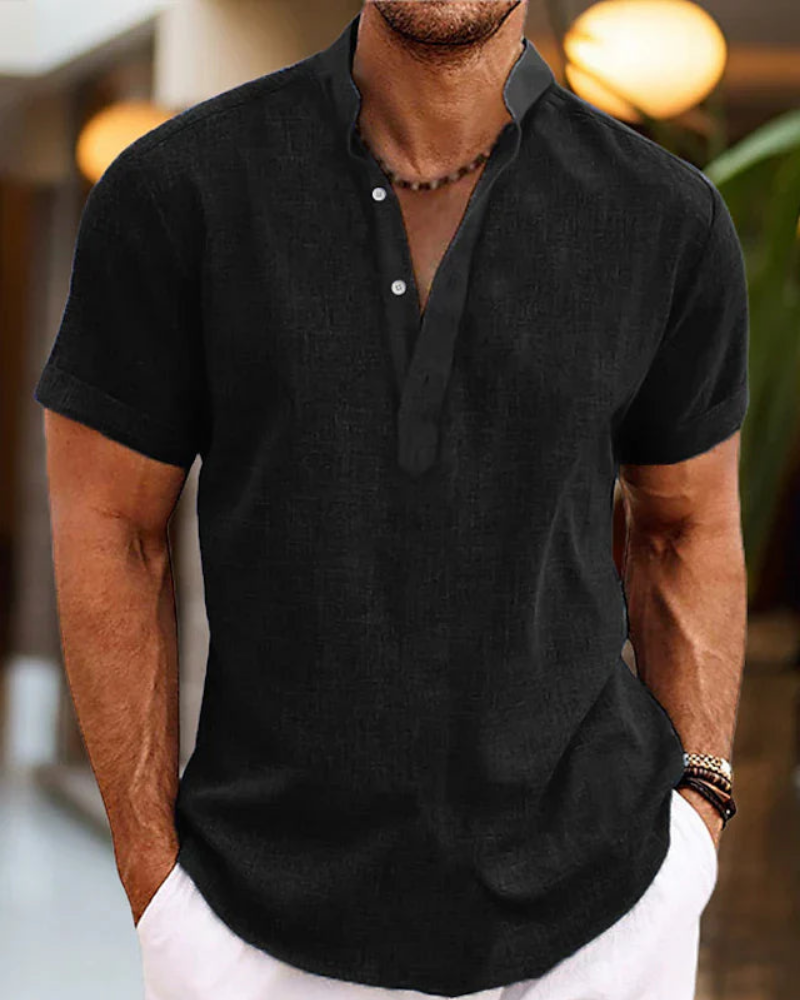 Herren Kurzarmhemd mit Stehkragen | Freizeit Shirt mit halber Knopfleiste