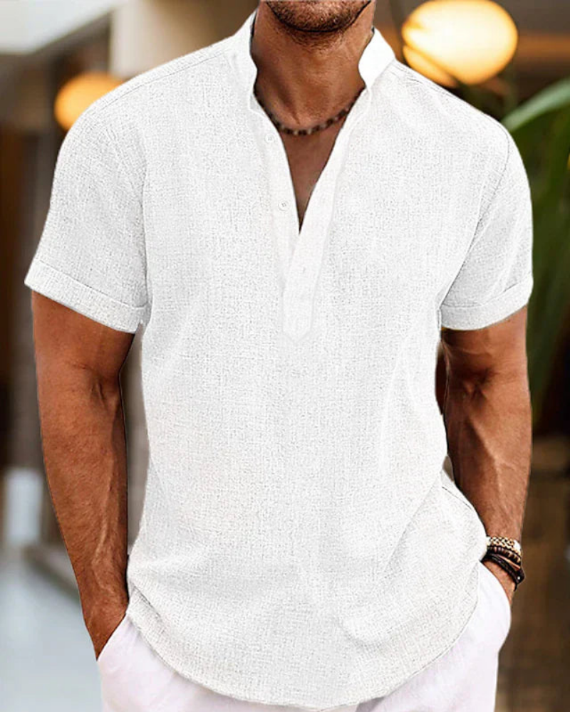 Herren Kurzarmhemd mit Stehkragen | Freizeit Shirt mit halber Knopfleiste
