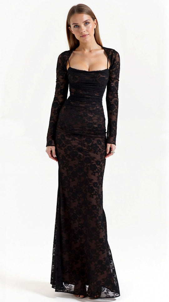 Damen Brautkleid mit eckigem Ausschnitt und langen Ärmeln aus Spitze | Maxi