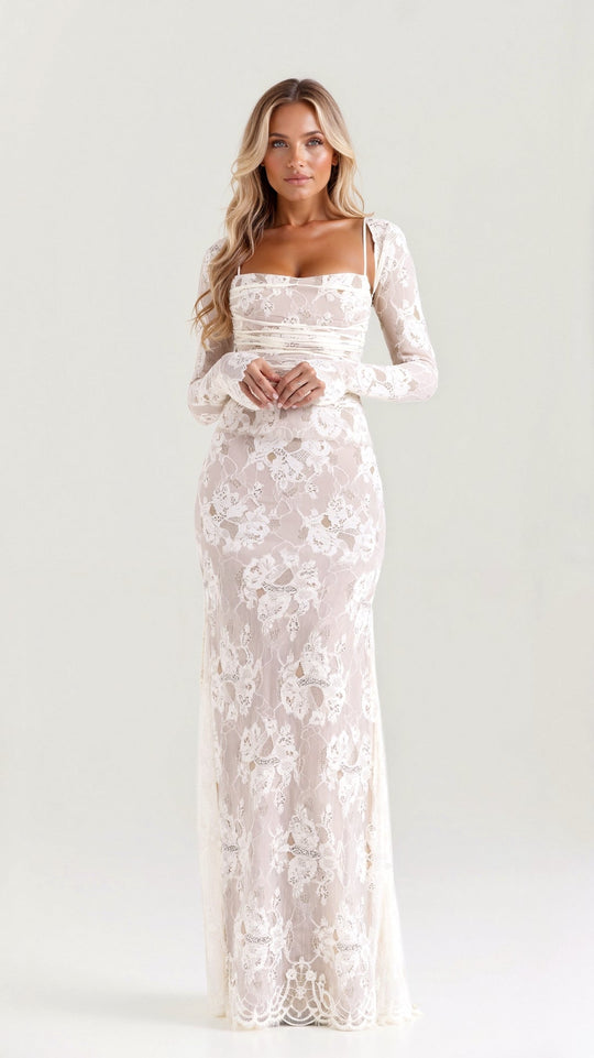 Damen Brautkleid mit eckigem Ausschnitt und langen Ärmeln aus Spitze | Maxi