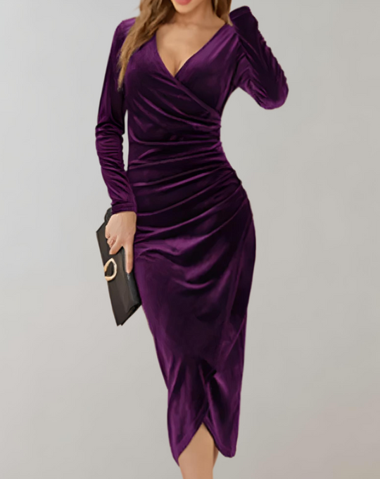 Damen Abendkleid mit V-Ausschnitt und Faltenoptik | Midi