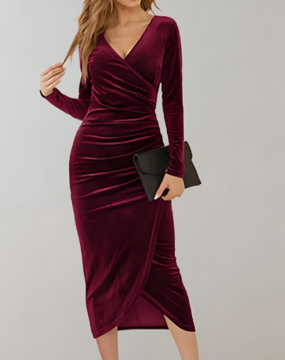 Damen Abendkleid mit V-Ausschnitt und Faltenoptik | Midi