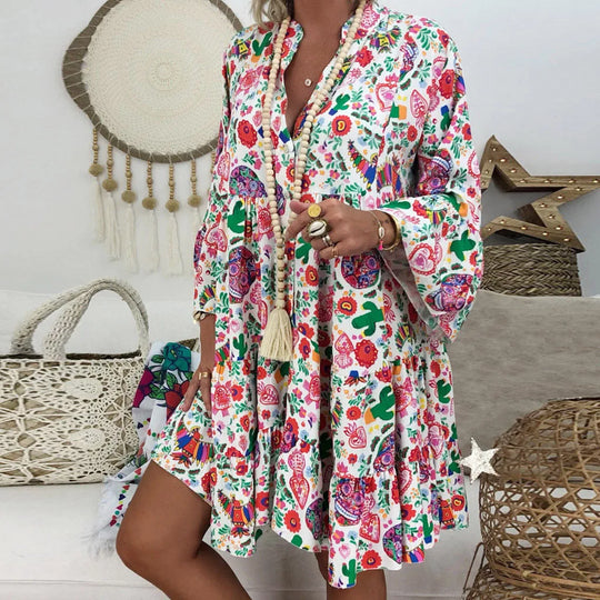 Mia Kleid - Farbenfrohes Blumen Boho Lockeres Kleid