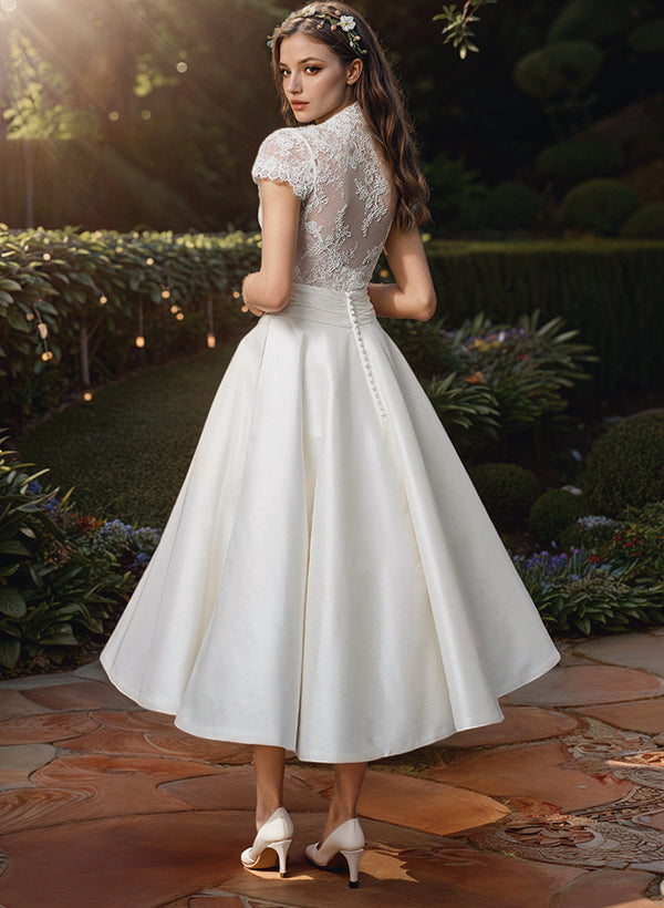 Damen Brautkleid mit V-Ausschnitt und Kurzen Ärmeln | Midi