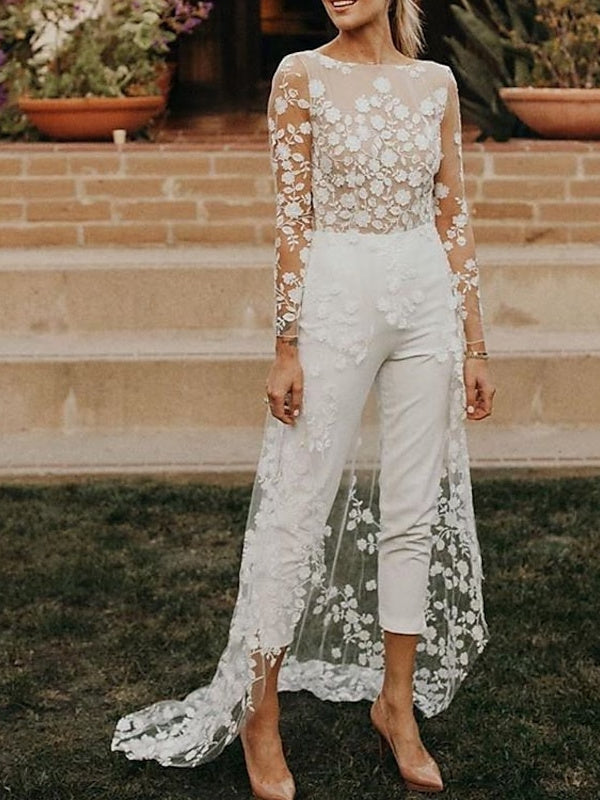 Damen Brautanzug mit Spitze und Schleppe | Jumpsuit Langarm