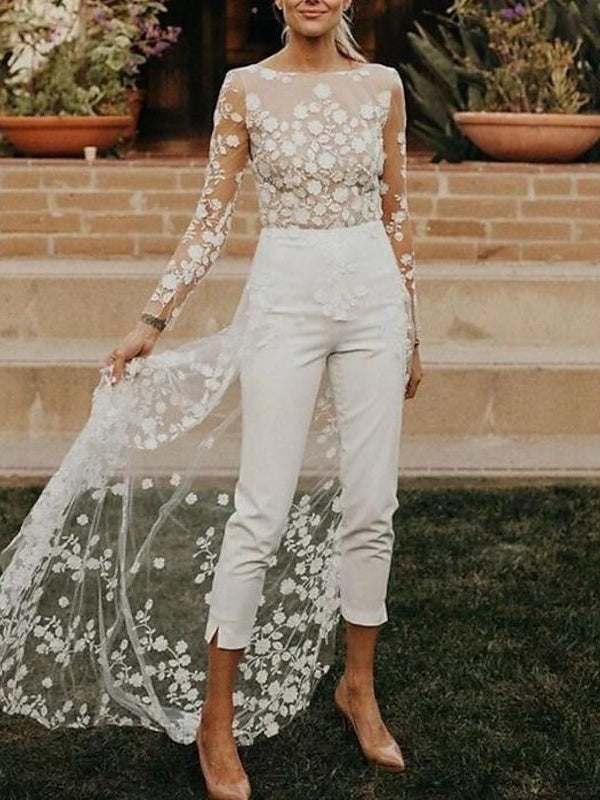 Damen Brautanzug mit Spitze und Schleppe | Jumpsuit Langarm