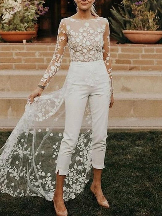 Damen Brautanzug mit Spitze und Schleppe | Jumpsuit Langarm