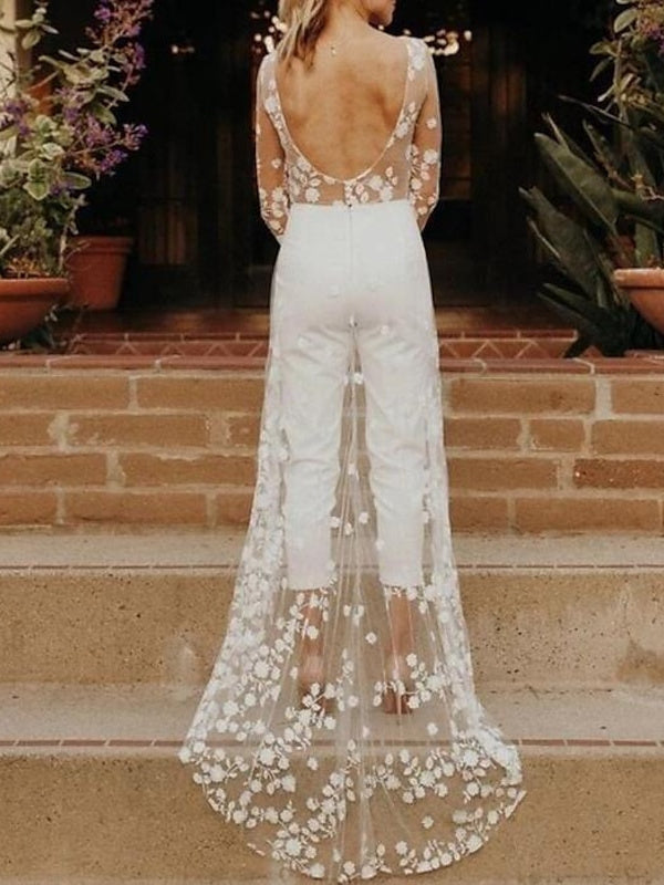 Damen Brautanzug mit Spitze und Schleppe | Jumpsuit Langarm