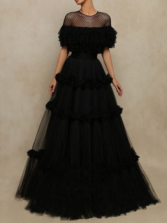 Damen Ballkleid mit Rundhalsausschnitt und Stufenrock | Maxi