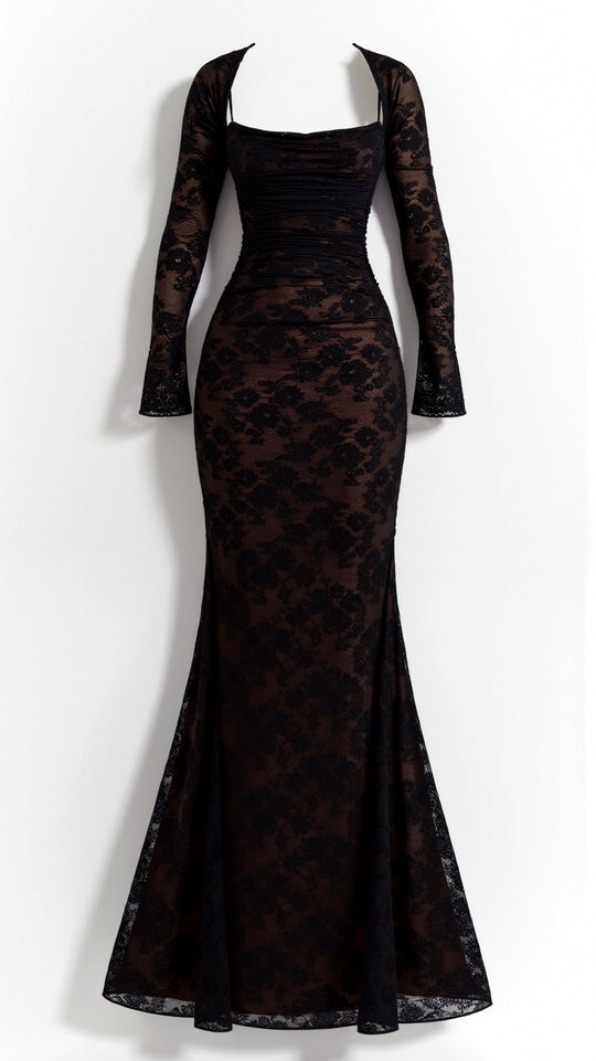 Damen Brautkleid mit eckigem Ausschnitt und langen Ärmeln aus Spitze | Maxi